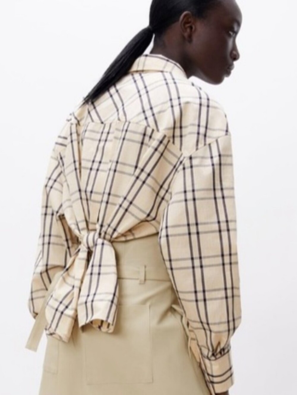 Zara Beige Relaxed Back Vent Plaid Blouse Oversized Size XS